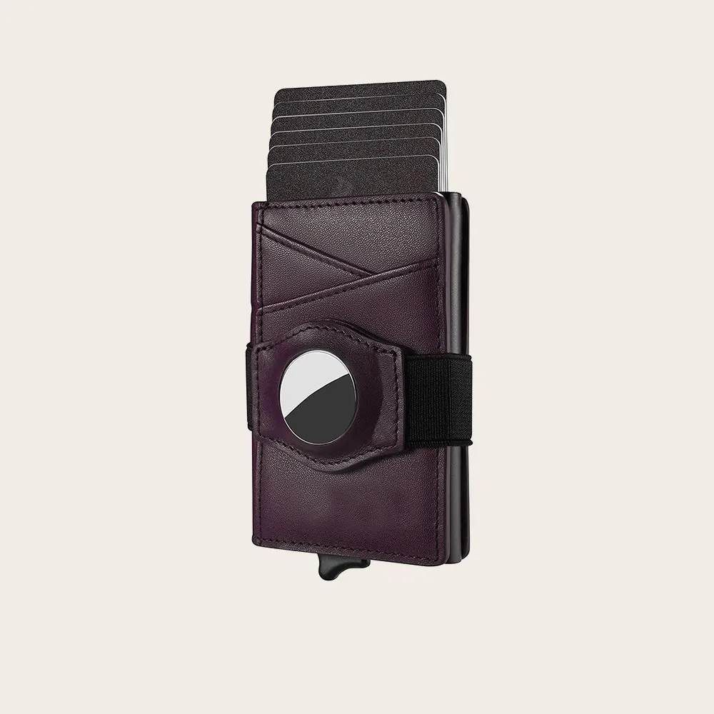 Portable Quick Card Access RFID Blocking Leather Automatic ID Card Holder Wallet With Air tag Holder Metal Card Holder
