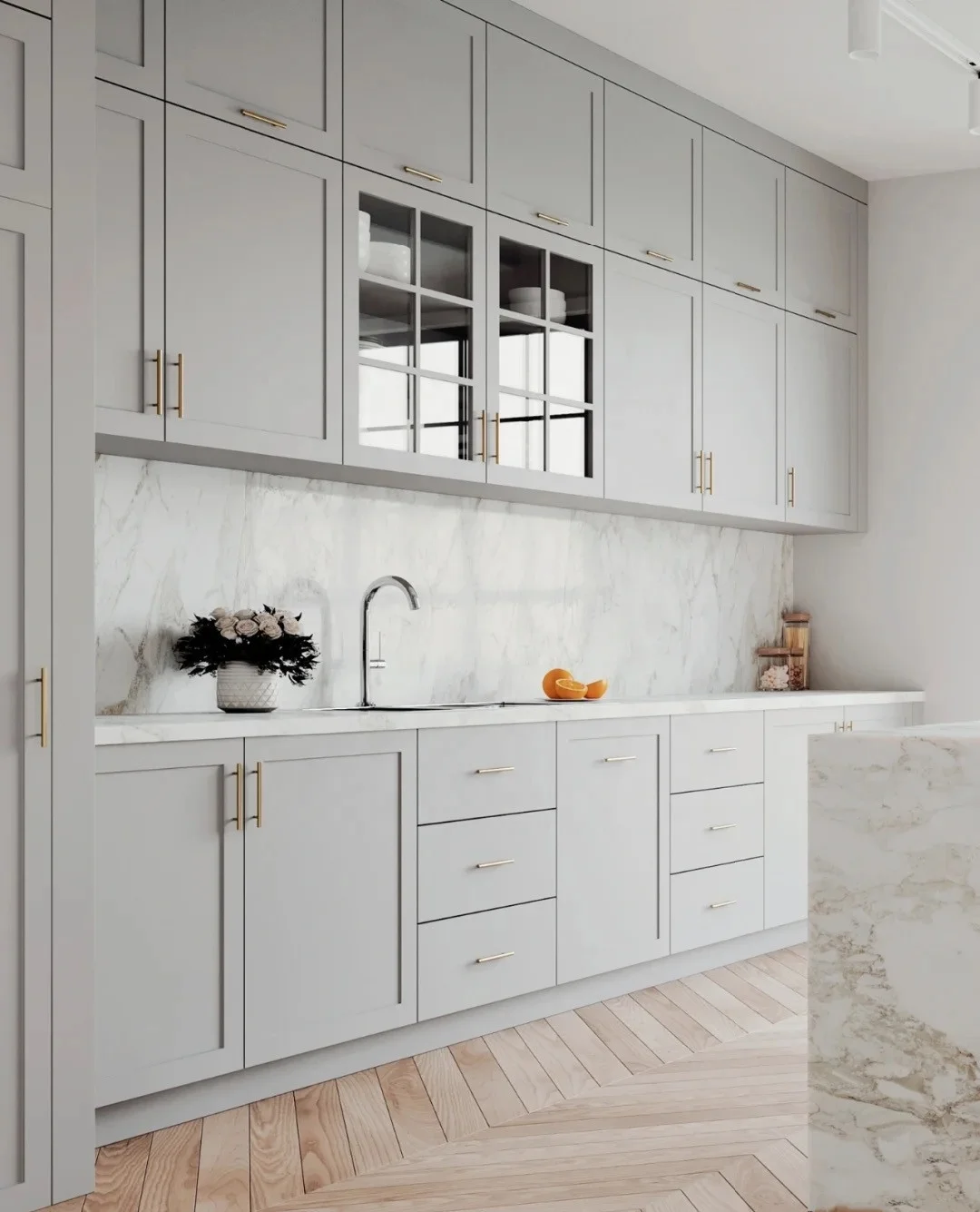 Factory price complete set of American Light grey white matt finish 2pac UV painting Shaker door kitchen cabinet with island