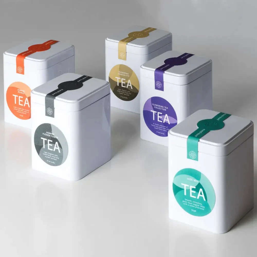 Custom printed deep white small square metal chocolate coffee supplement tin box for loose tea packing