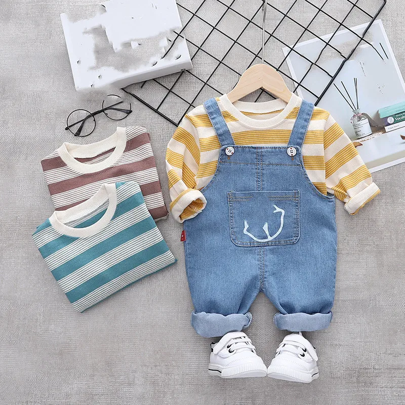 Костюм детский из двух предметов, рубашка с длинным рукавом и джинсовые брюки на бретелях, в ковбойском стиле, с мультяшным принтом, в Корейском стиле, новинка 01