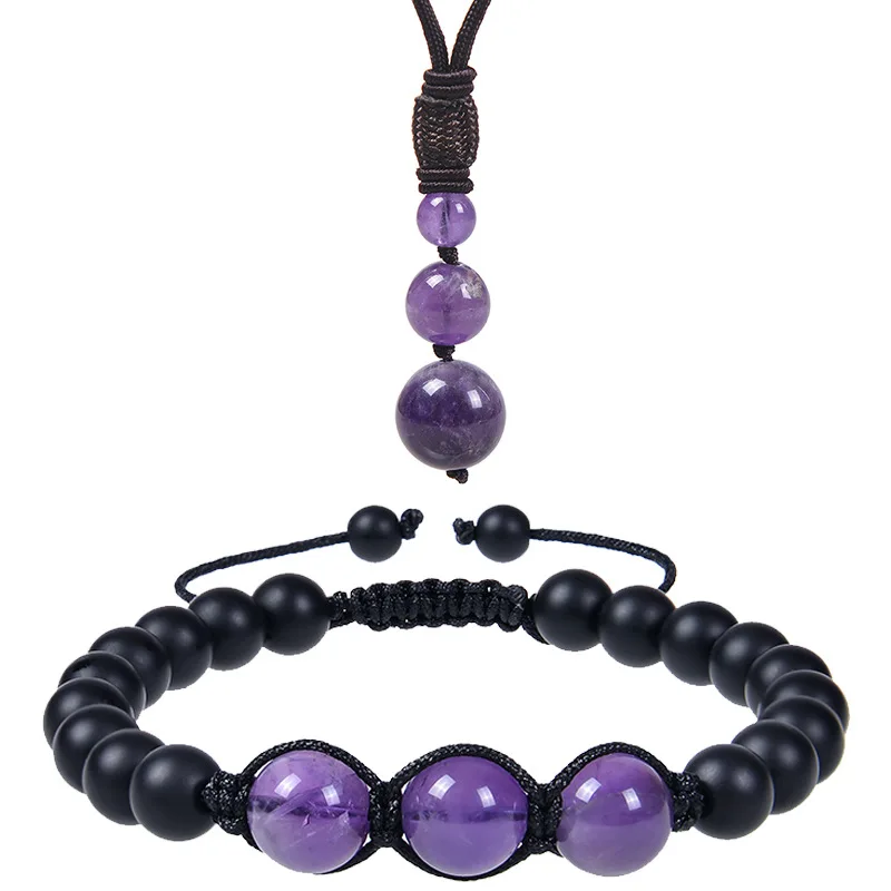 Tiger Eye Stone Pendant Necklace Bracelet Natural Amethyst Jewelry Set Adjustable for Men and Women