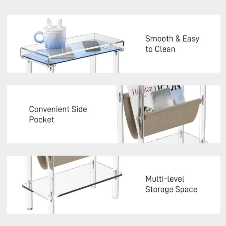 Acrylic Slim End Table with Magazine Holder Nightstand for Living Room Bedroom