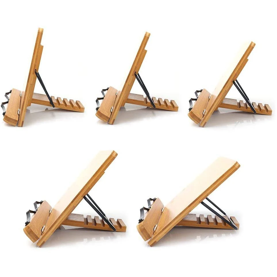 Bamboo Book Stand Adjustable Book Holder Tray and Page Paper Clips-Cookbook Reading Desk Portable Sturdy Lightweight Book stand