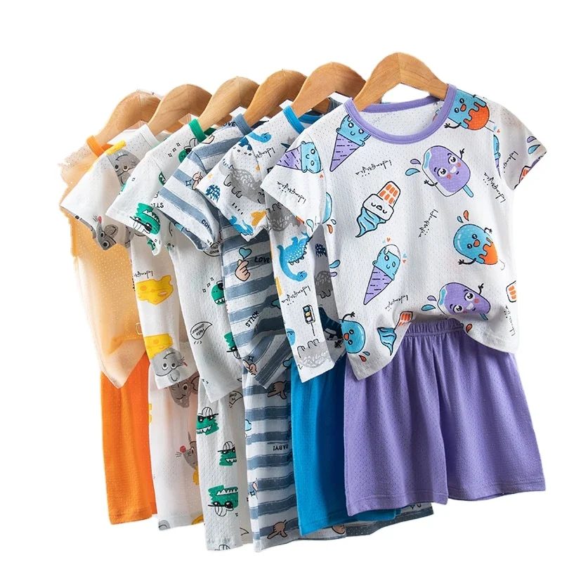 2021 Children Cotton Nightwear Summer Short Sleeve Sleepwear Boys Pajamas Sets Kids Girls Home Wear Suit