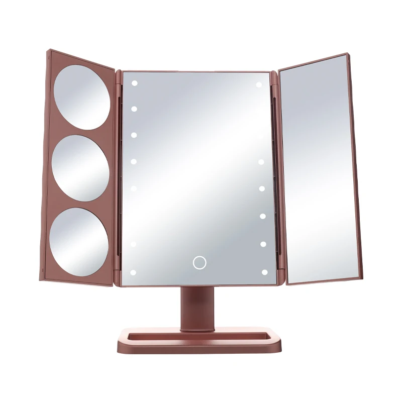 Top Seller 2021 Vanity Led Lighted Makeup Mirror Desktop Trifold Magnified Make Up Mirror With Lights