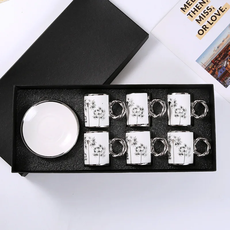 Porcelain Coffee Cup European Style Electroplated Ceramic Cups and Saucers Saudi Arabian Silver Plated Gift Box Set