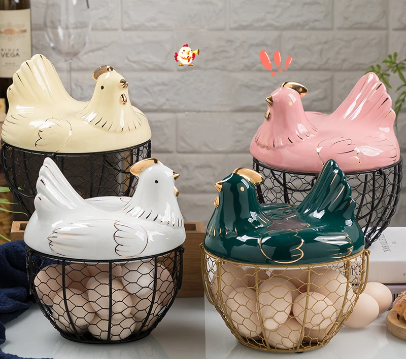 
AL High quality Creative Egg Basket Chicken Wire Hen Egg Holder Metal Basket Collection Ceramic Decoration Kitchen Storage 