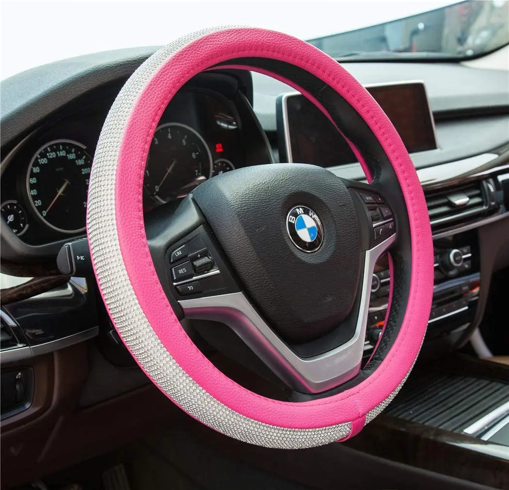 
car accessories universal Pink lovely girly rhinestones leather steering wheel cover 