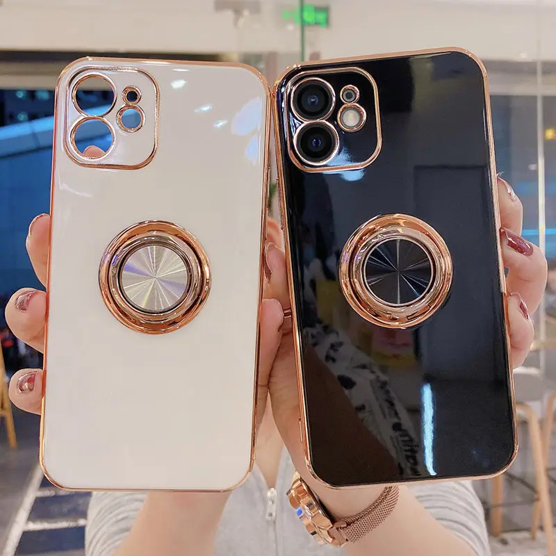 Роскошный чехол с кольцом-держателем для iPhone 13 7 8 Plus, позолоченный металлический чехол-подставка для телефона iPhone 12 Pro Max XS XR SE 2020, силиконовый
