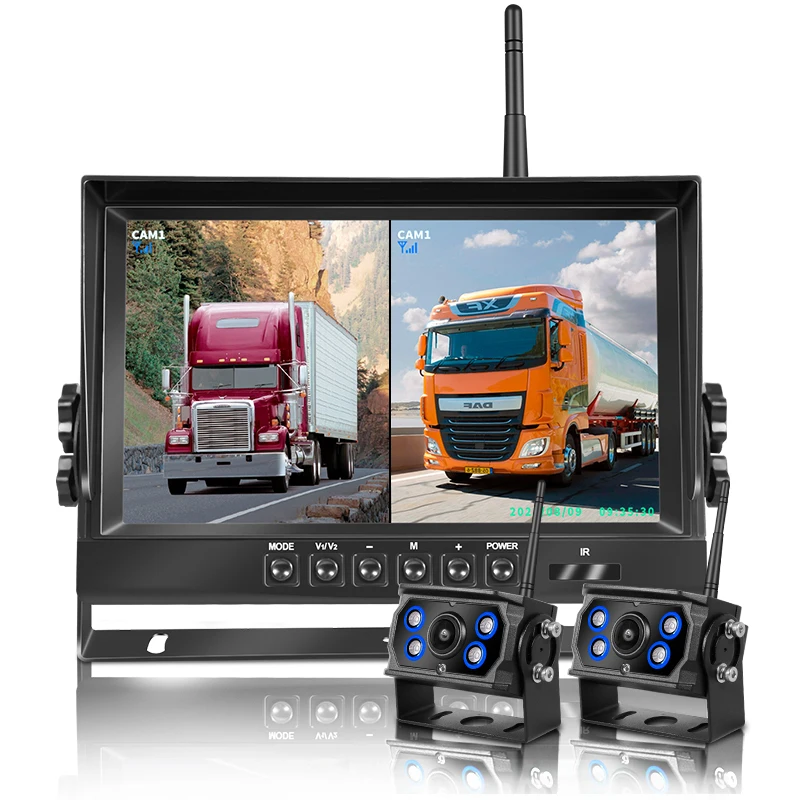 High Quality 9 inch Quad Screen DVR Monitor with Wireless Back Up Front Rear Left Right Waterproof IR Night Vision Cameras