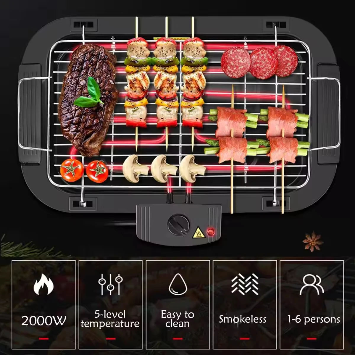 Electric Barbecue Grill Barbecue Non Stick 2000W Temperature Control Smokeless Barbecue Grill Griddle Table Top