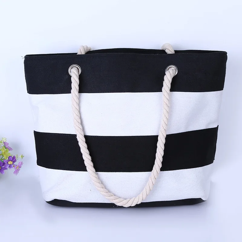 HB021 Coarse rope stripe stitching canvas tote bag Leisure travel shopping bag women strap beach bags
