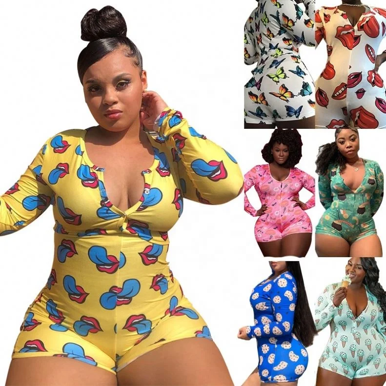 
XL & 5 XL Summer Sexy Pajamas Plus size V neck Long Sleeve Adult Jumpsuit Women 