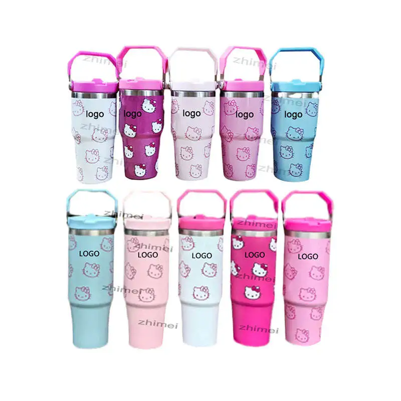 USA Hot Selling Kawaii Kitty HK Cat Cup with Handle Stainless Steel Vacuum Insulation Flip Top Tumbler with Straw