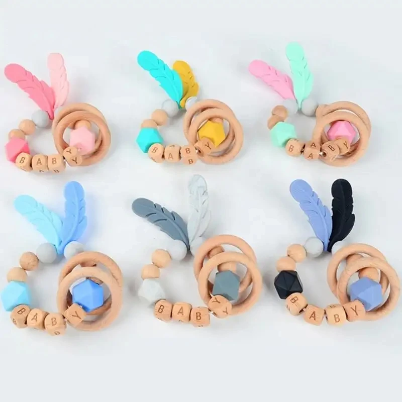 New Design Unisex Wooden Baby Rattle Teether Food Grade Silicone Feather Rattles Massage Gum Toy for Kids Teething