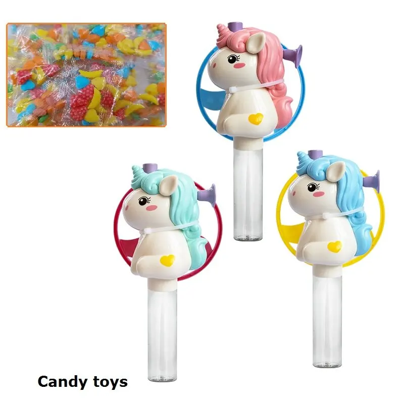 Jelly bean hard candy filling unicorn flying top kids candy toys for handheld