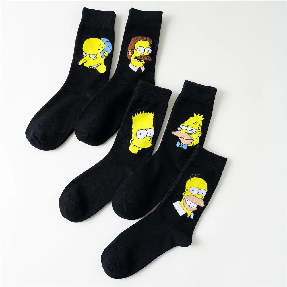 
2020 New Design Black Cartoon Socks Simpson Print Cotton Socks for Women Anime Crew Socks Wholesale 