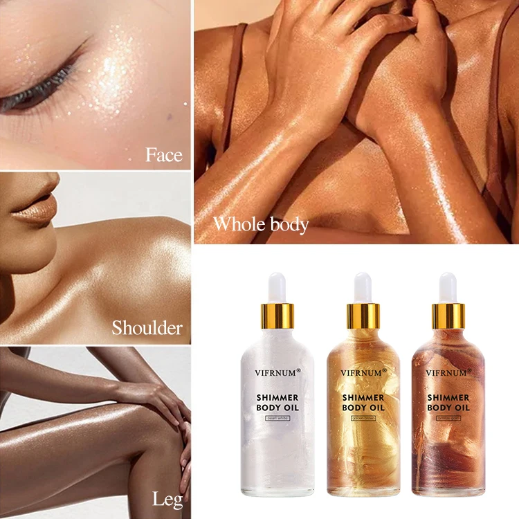 private label vitamin E vitmain C face and body bronze silvery gold glow oil shea butter sweet almond shimmer glitter body oil
