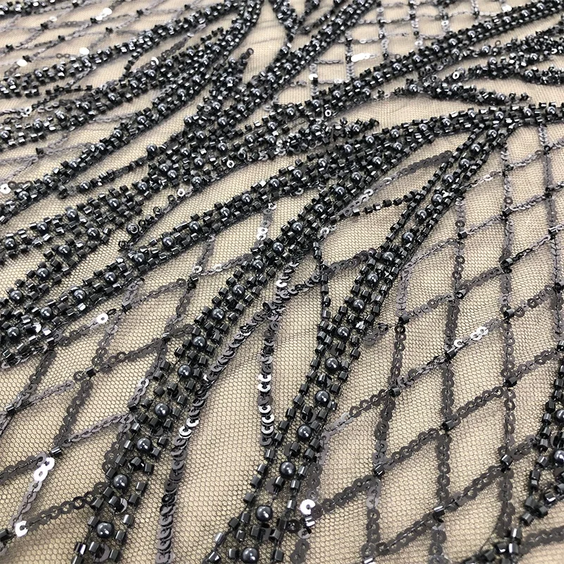 Fashionable beaded sheer lace fabric with black pearl beaded lace embroidery WS3398
