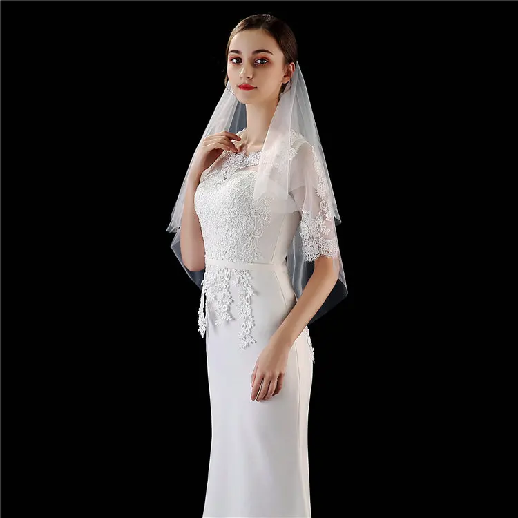 QS wholesale cheaper two layer party Wedding Bridal Veil with Comb White Ivory Cut Edge Waltz Length