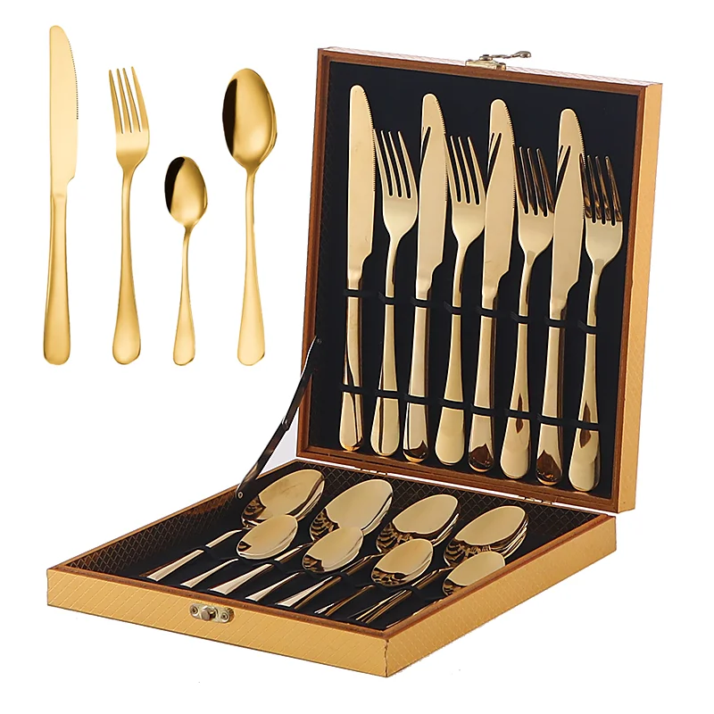 
Hot Seller Customized LOGO Mirror Polish Stainless Steel Cutlery Set Gold Plated Tableware 24pcs Flatware Set 
