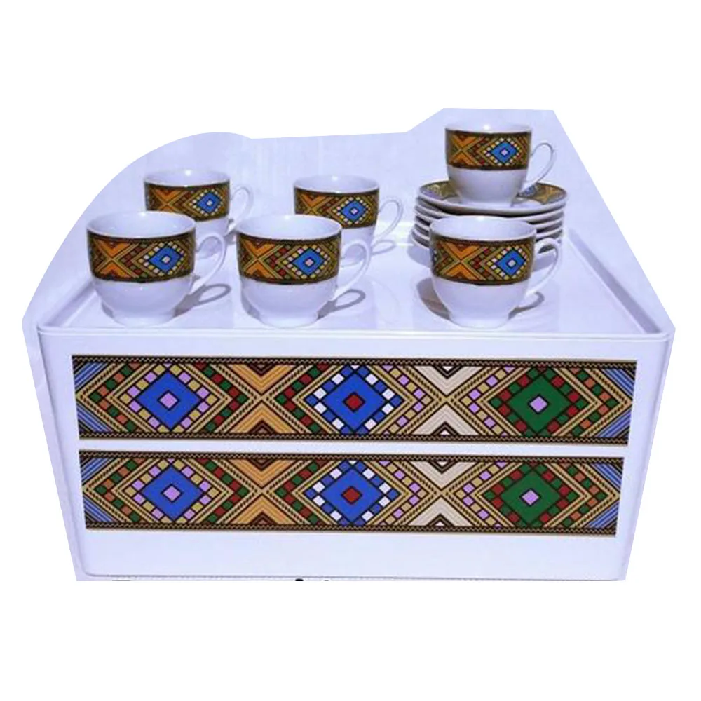Rekebot Set- Ethiopian &Eritrean Coffee Serving tray with 6 Cups and 6 Saucers_ Bright Tebeb Design