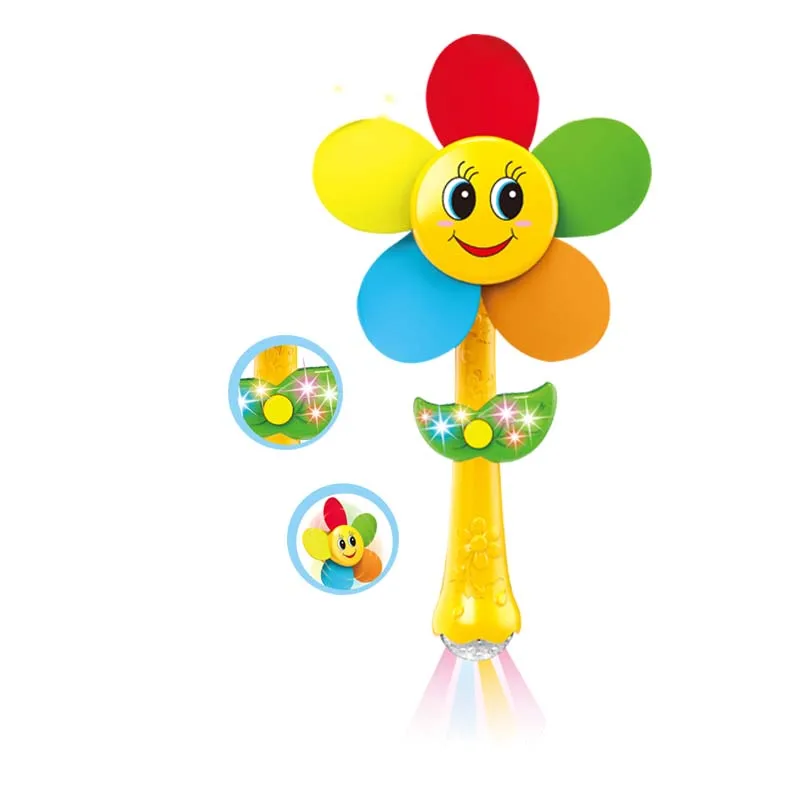 
2020 hot selling auto rotation flower windmill plastic blade music and light mini fan toy for kids 
