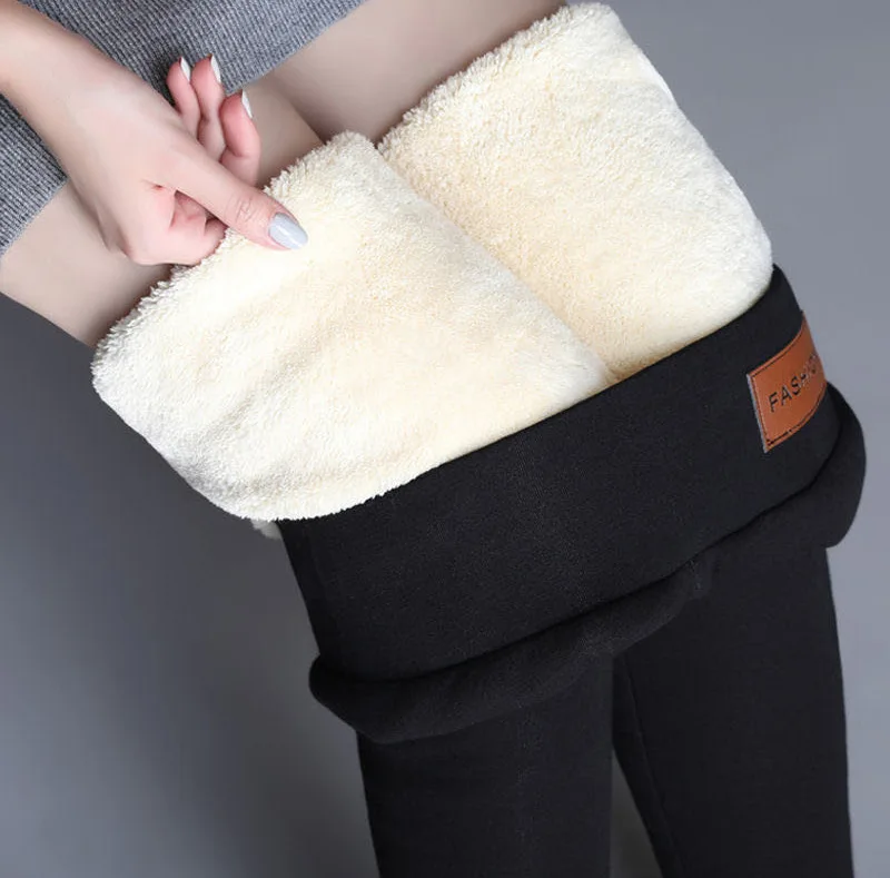 Зимние плотные кашемировые пушистые теплые женские брюки с высокой талией Большие размеры пушистые теплые женские брюки леггинсы