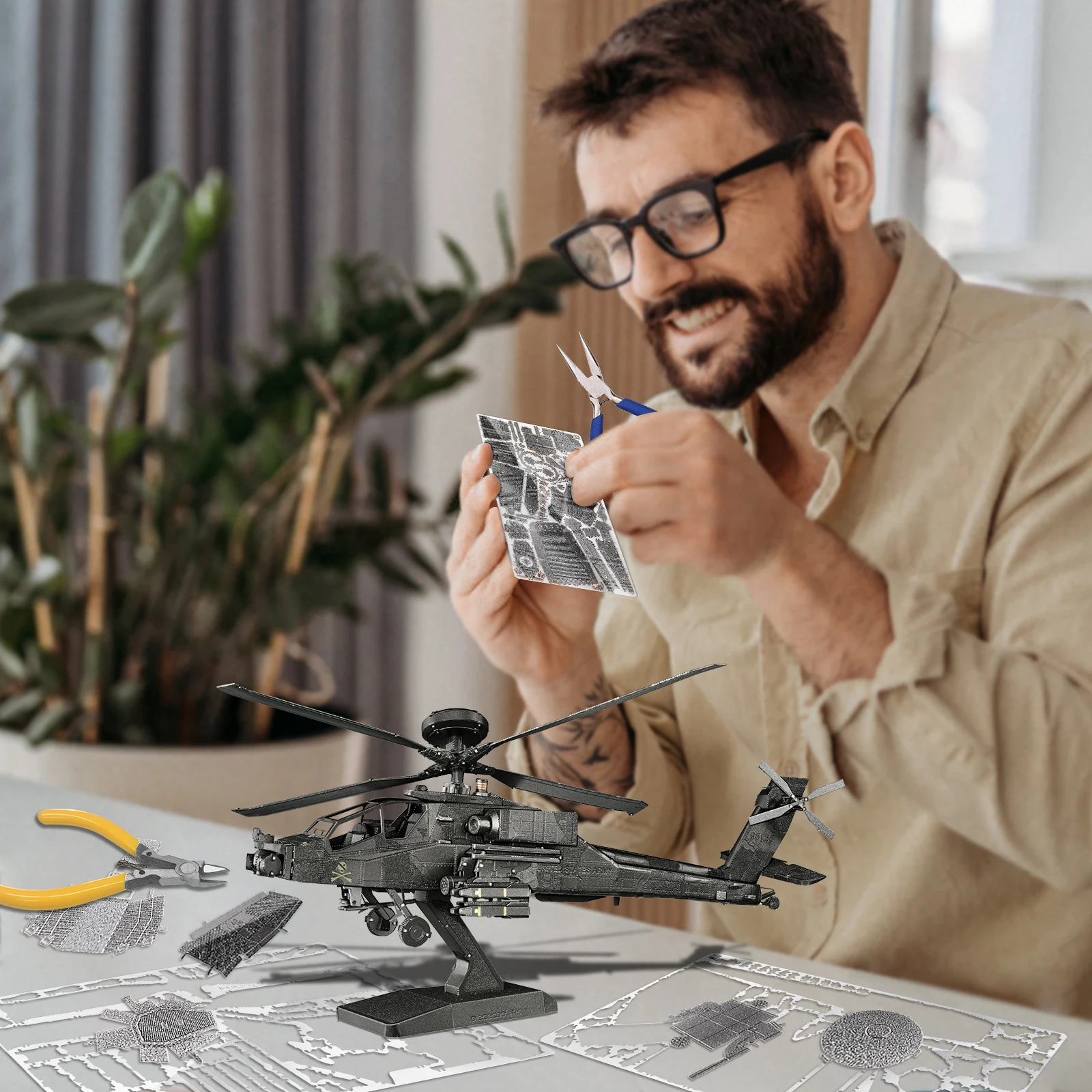 Piececool Great Birthday Gifts Apache Military Airplane Models Kits  DIY Brain Teaser Puzzles 3D Metal Puzzle for Hobbies Toys