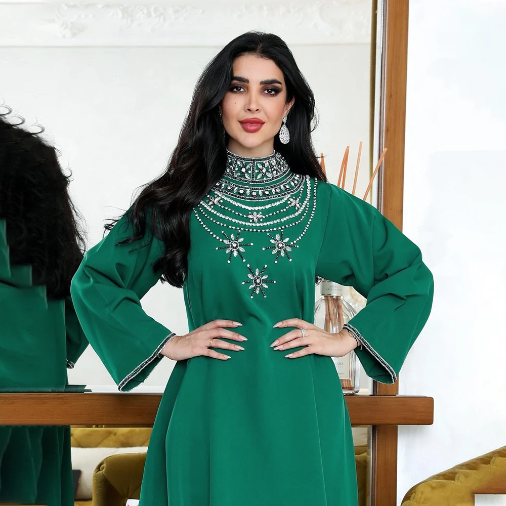 20245257 Green Abayas Long Sleeve High Neck Islamic Clothing Caftan Dresses With Rhinestones
