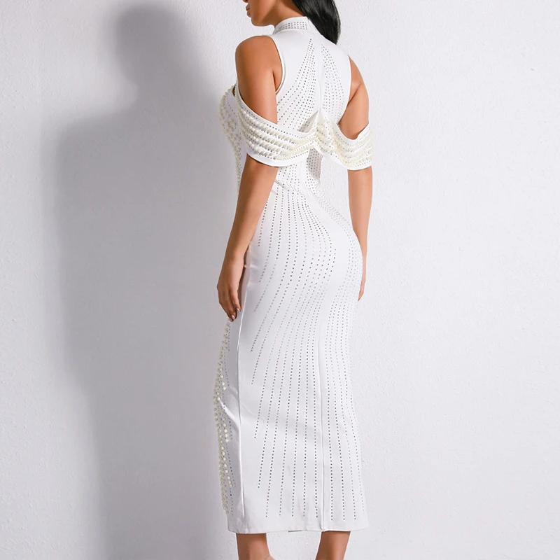 Sexy Falling Shoulder Pearl Bead Elegant Female Dress Small Split Evening Dress