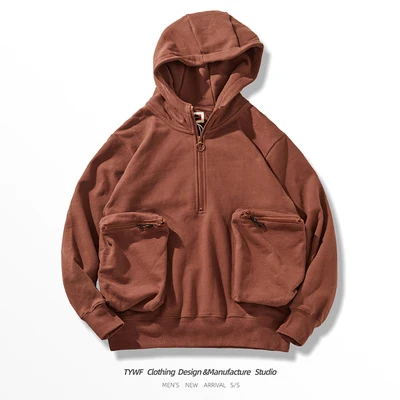 High quality Autumn and Winter New Retro Cargo Hooded Hoodies 100% Cotton Washed Heavyweight Casual Functional Pocket Jacket