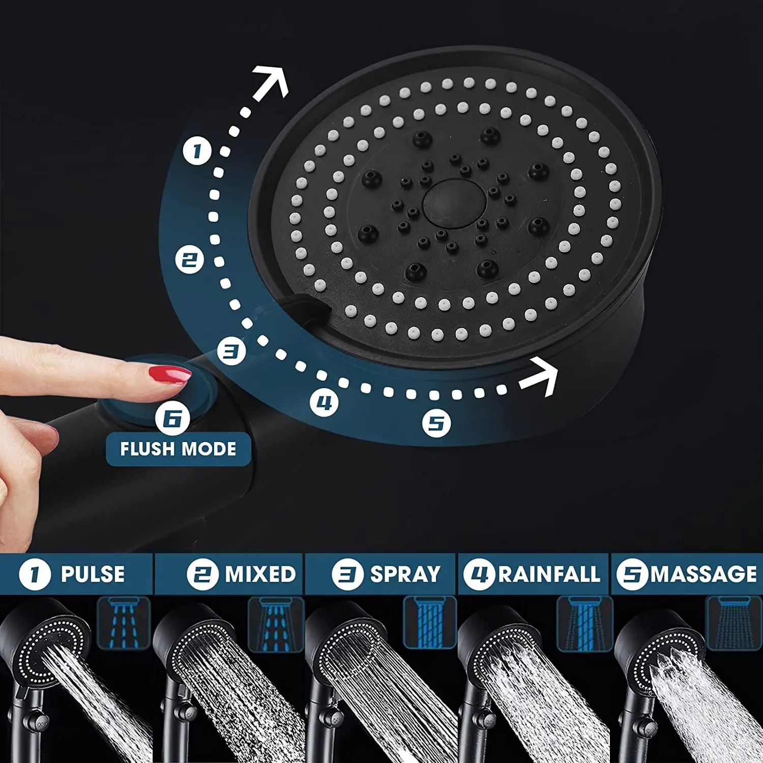 Wholesale Black 5 Function Mist Spray  Hydro Jet High Pressure Power Vortex 360 Fan Handheld Shower Abs Showerhead