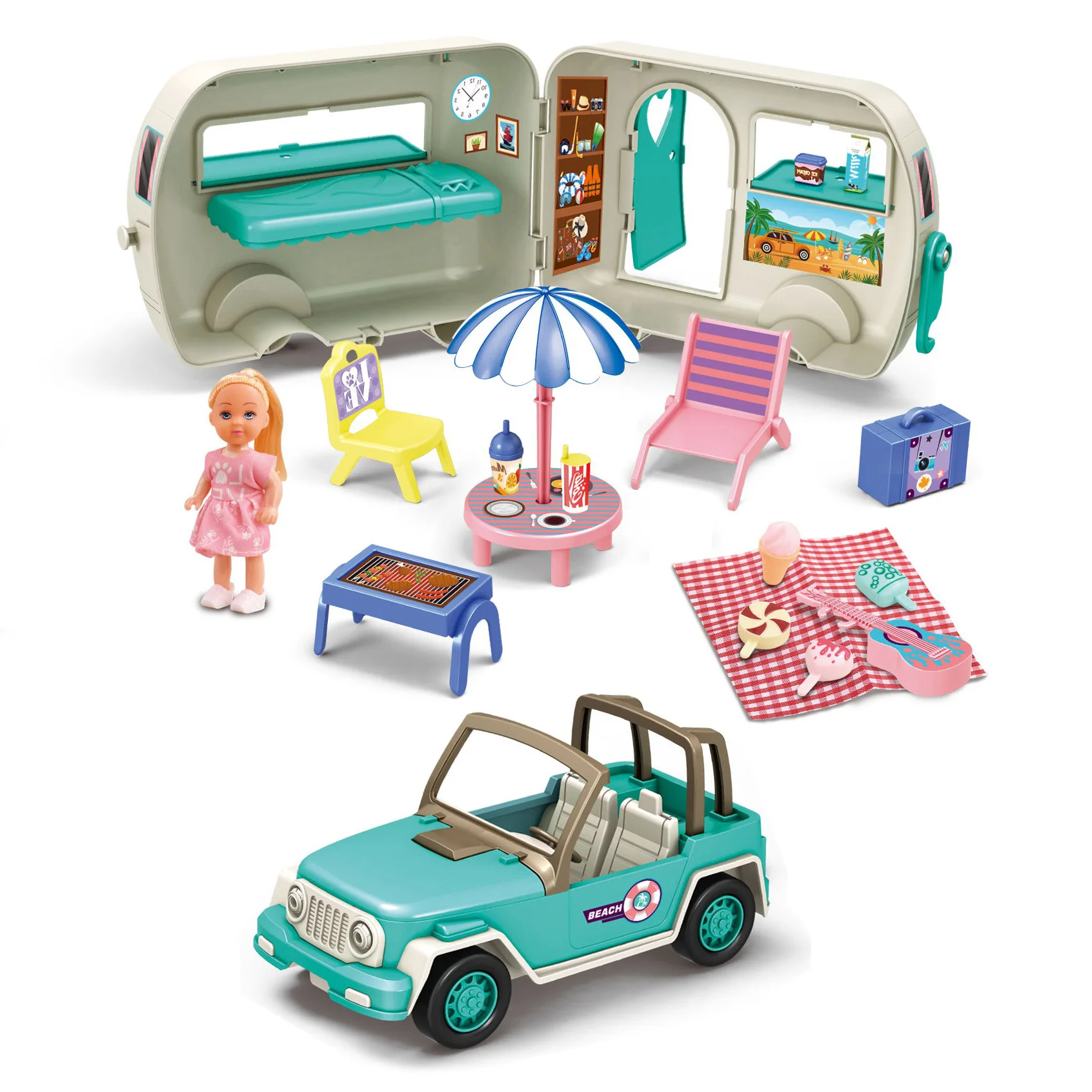 Children Preschool Toys Pretend Play Touring Car With Sounds Doll Simulation Bus Camping Set for Kids