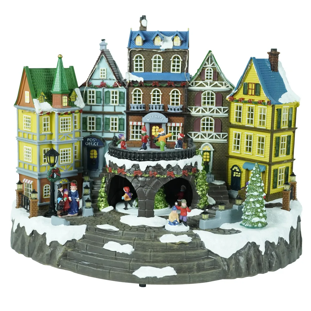 Christmas decoration desktop ornament plastic village house music box led lantern snow globe for home decor gift