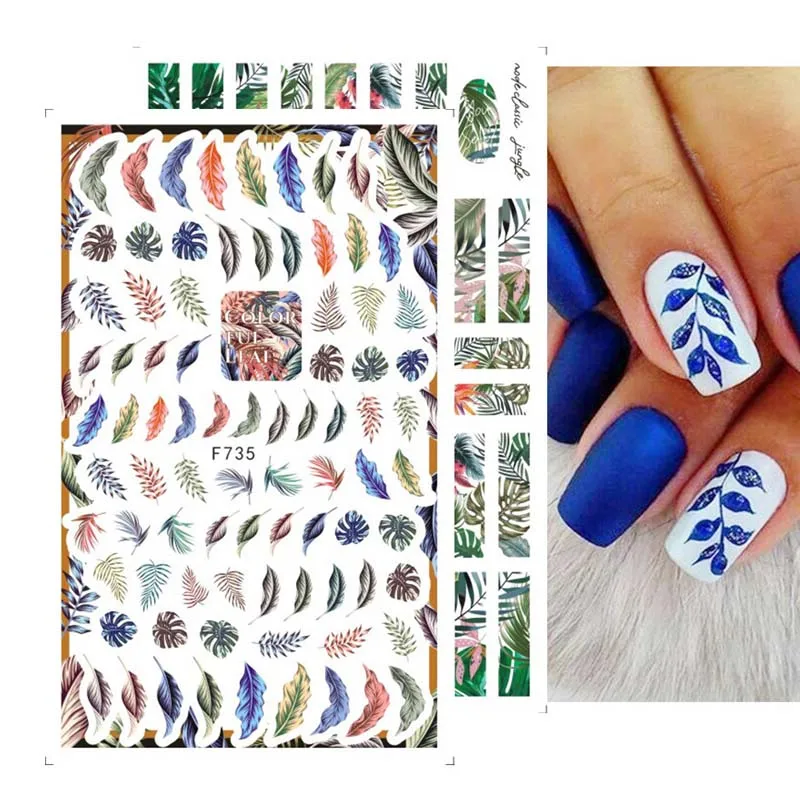 New nail art sticker spring and summer colorful flowers and green leaves designers nail art stickers decal