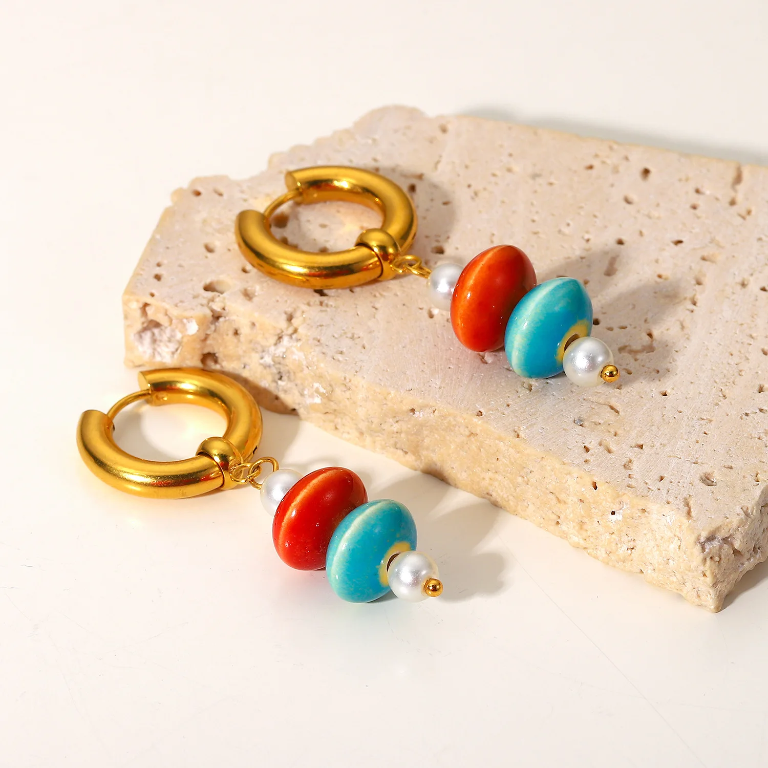 New French Court Style Color Ceramic Bead Hoop Women Gift Stainless Steel Gold Plated Pendant Earrings