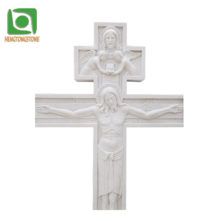 Indoor or Church Decoration Hand Made White Marble Jesus Statue Engraving Cross Design