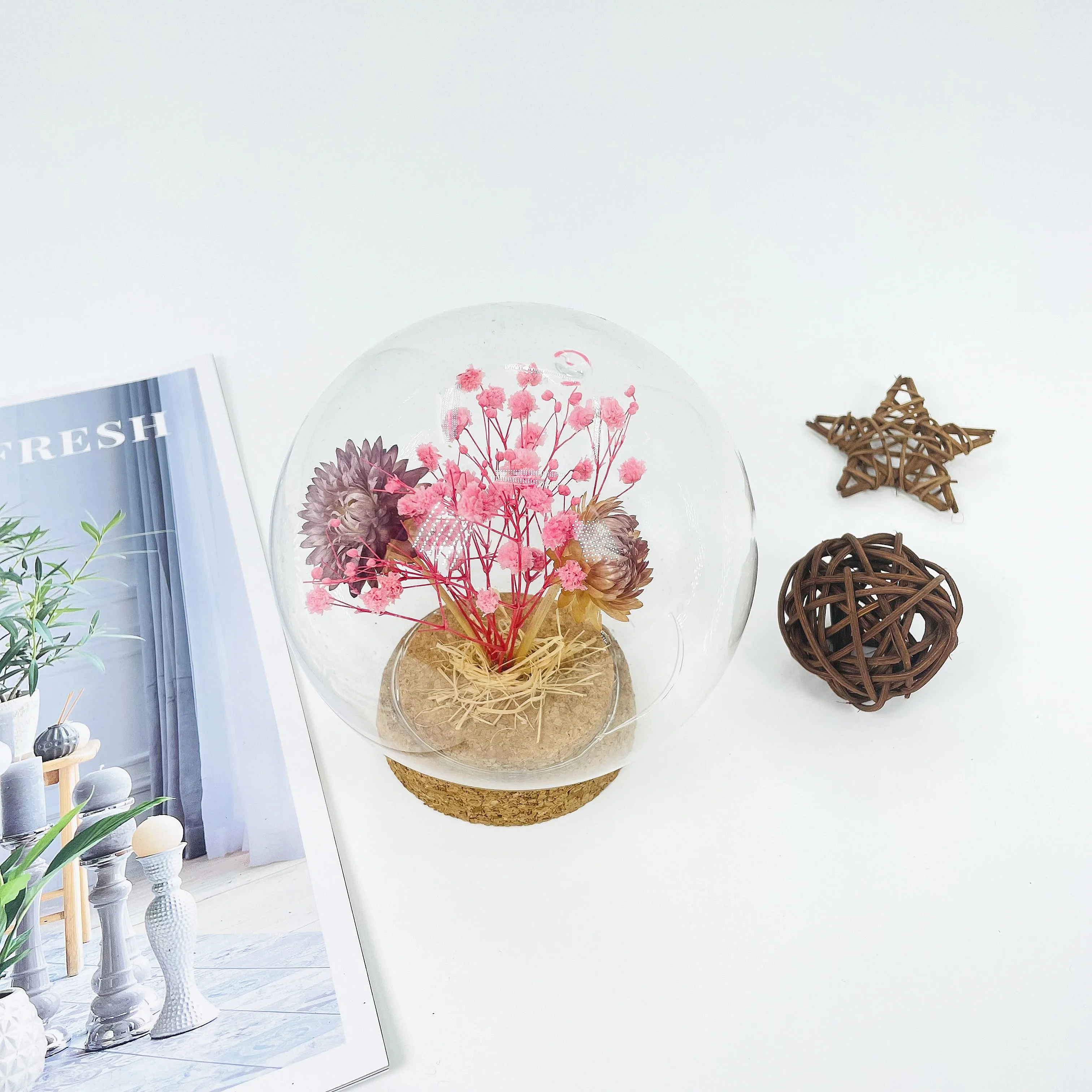 Лидер продаж, стеклянный шар на пробковой основе с высушенными цветами для украшения дома