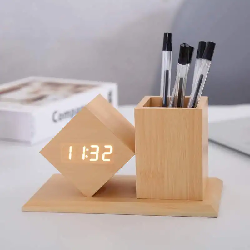 Amazon Promotion Gifts Office Desk Table Organizer alarm Clock Wooden Pen Stand with Digital Touch LED Clock Wood Pen Holder