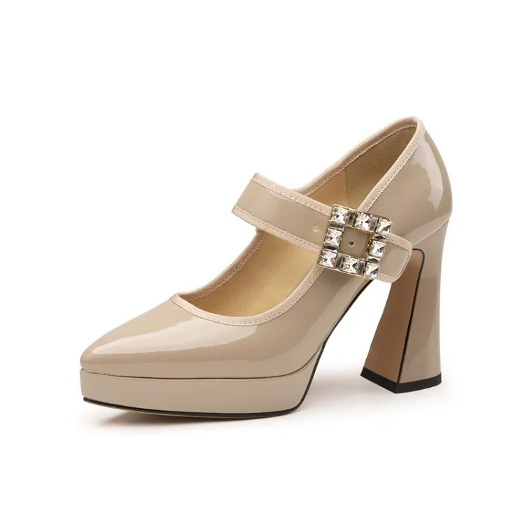 Round Toe Head Lace Up Buckle Strap Rope Pure Solid Color Fashion Casual Slip On Cowhide Leather Chunky Thick Sole Ultra Heels