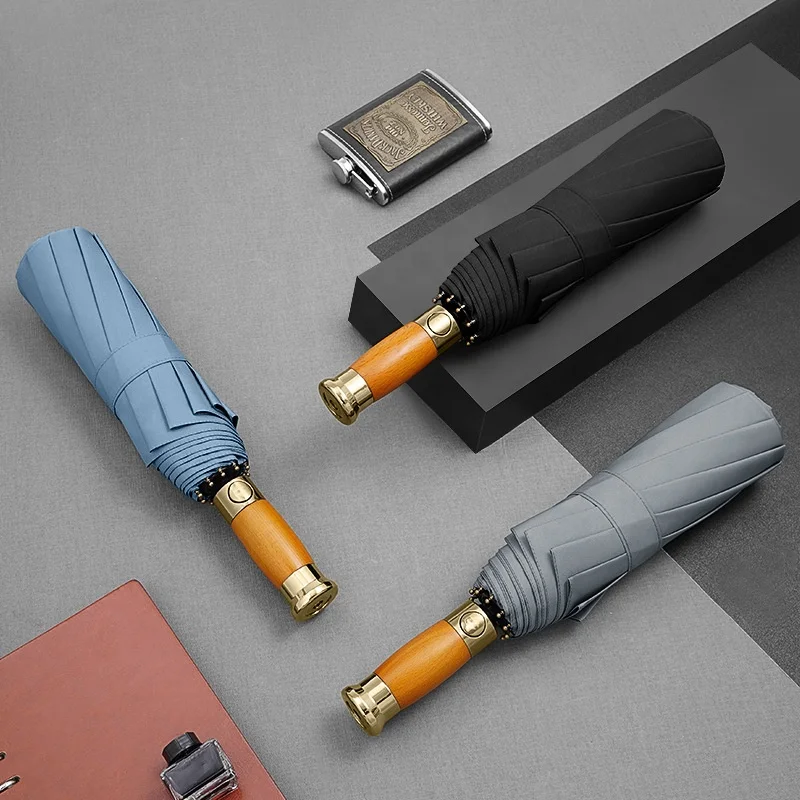 Customized fold umbrella wooden handle customized rain man business big umbrella with logo