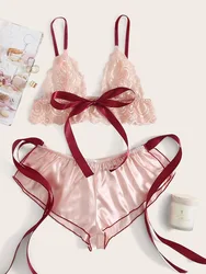 Sexy Two Piece Lingerie Set Babydoll Pajamas Women Pink Lace Triangle Bralette Bra+Lace Up Bowknot Shorts Satin Sleepwear