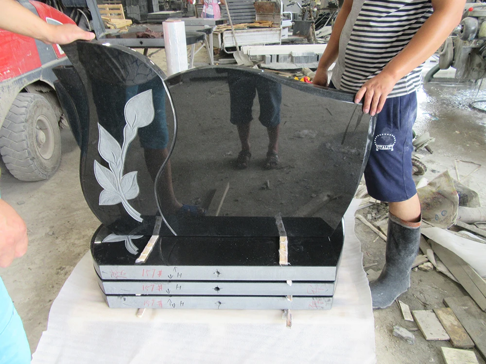 Tear Drop Carved Flower Shanxi Black Granite Headstone For Gravestone