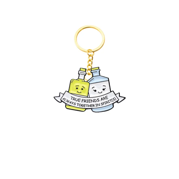 Wholesale Manufacture Wine Bottle Enamel Keychain Custom Logo Cartoon Soda Series Brooch Interesting English   Key chain Keyring