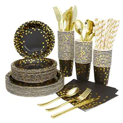 Black Gold Dots Disposable Paper Tableware Sets with Plates Cups Straws Cutlery for Party Wedding Supplies JW Opp Bag Gua 200pcs