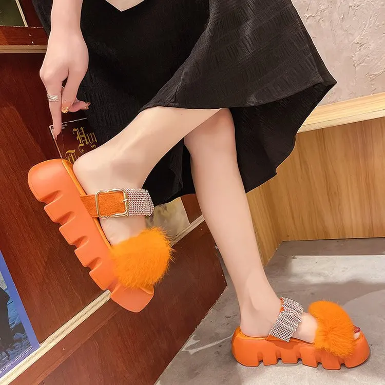 TX New Style Sequined rhinestone slippers Colored ladies outside winter platform slippers