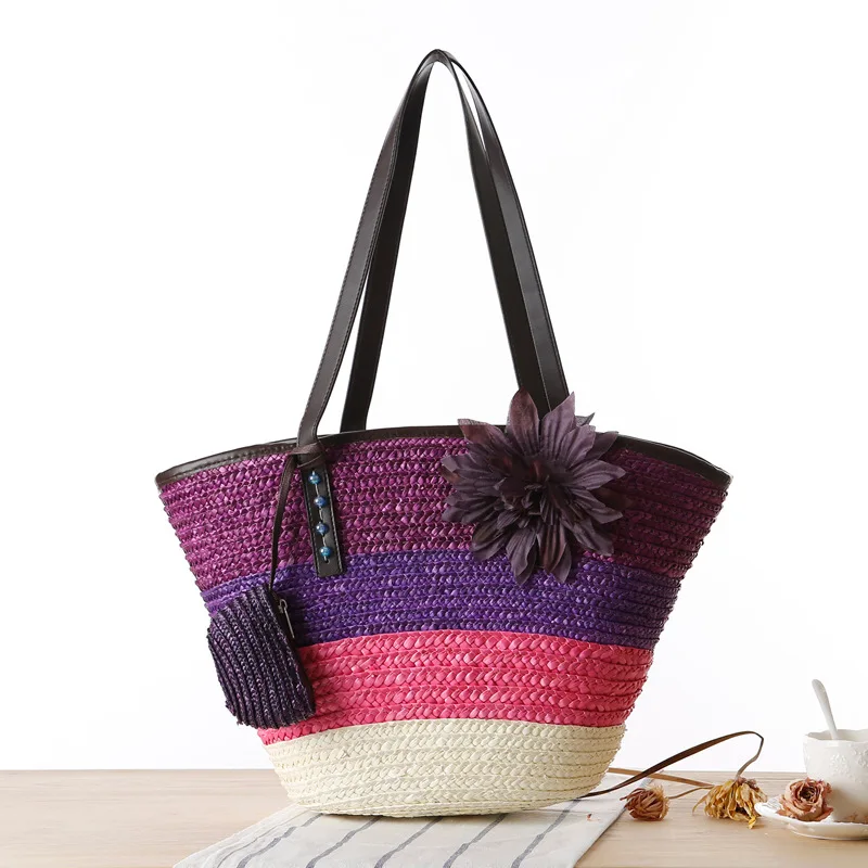 PU Handle Summer Travel Ombre Wide Colorful Stripes Flower Decoration 2Pcs Set Wheat Straw Basket Tote Beach Bag with Coin Purse