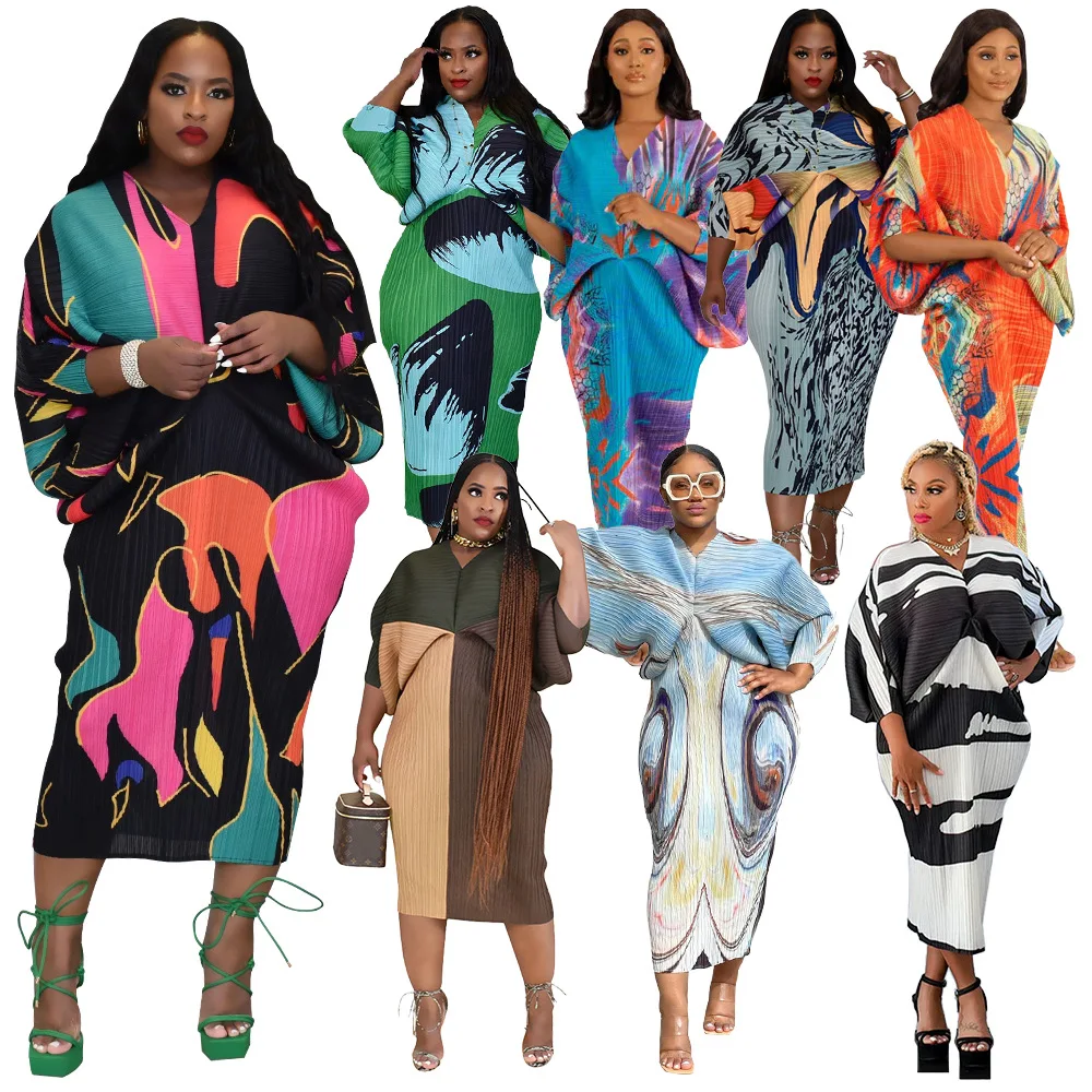 Best Slim Fit African Print Dress Plus Size Elegant Fat Women Dress Fall V-Neck Batwing Sleeve Midi Pencil Casual Dresses 2024