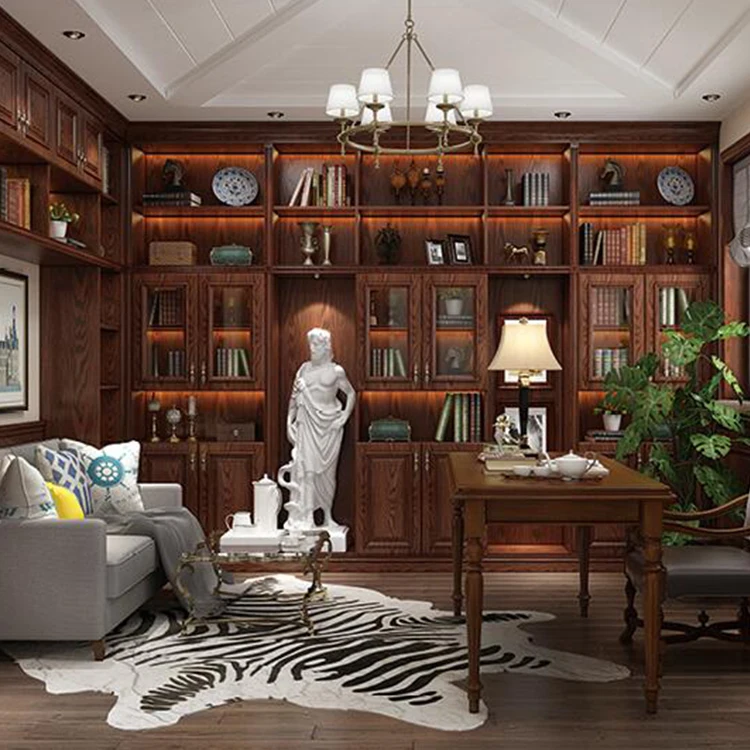 Custom European-style High-end Solid Wood Luxury Furniture Set Wall Bookshelf Bookcase With Desk